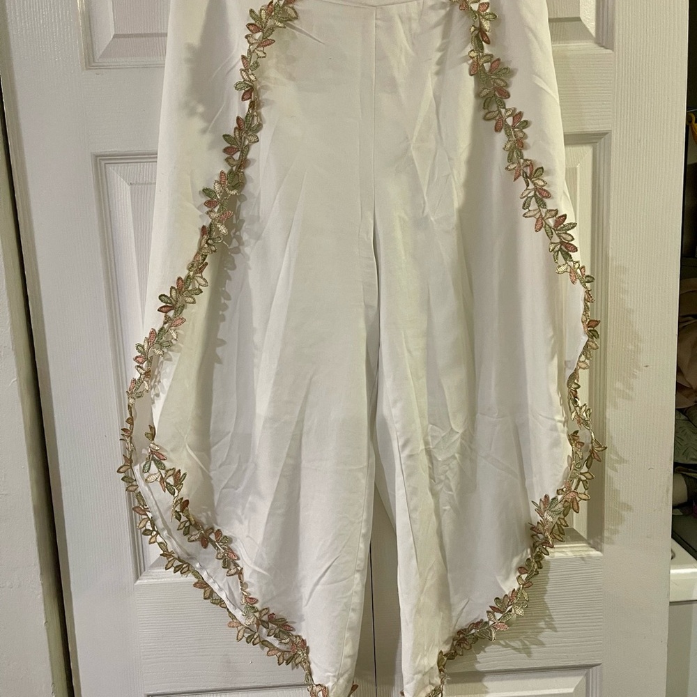 SHEIN White Floral Embellished Wide Leg Pants